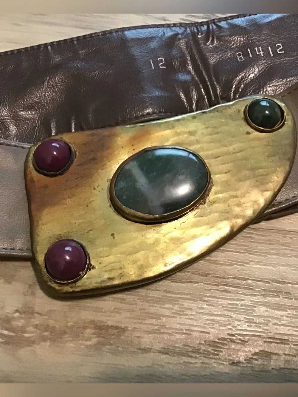 Vintage brown belt with hammered brass belt and stones